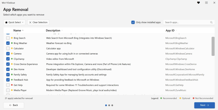 App removal selection screen