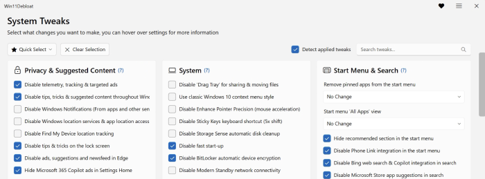 System tweaks settings