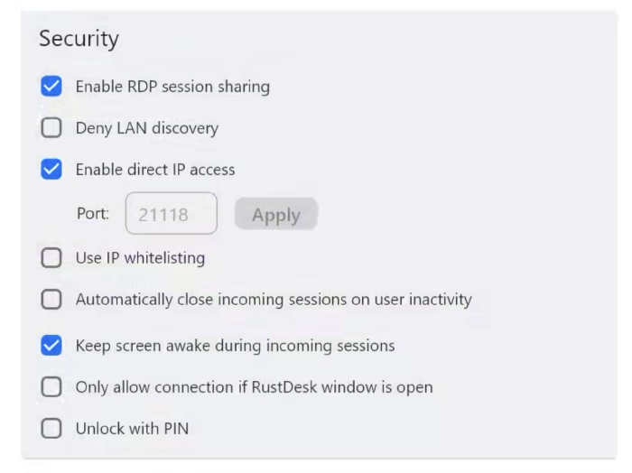 Rustdesk security settings