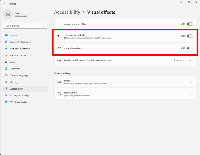 Windows Accessibility Visual effects settings