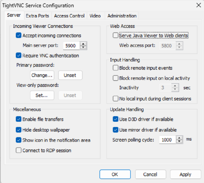 TightVNC settings